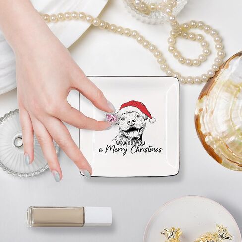 طبق مجوهرات الكلب الملاكم، نحن Woof You a Merry Christmas Ring طبق هدايا لمحبي الكلاب، هدايا كلب بوكسر، صينية مجوهرات سيراميك للخواتم والأقراط، صينية القرط هدية عيد الميلاد للأم والكلب in Saudi Arabia