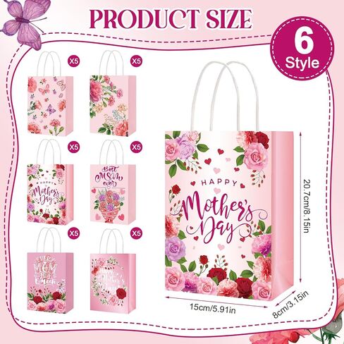 NLICRST 30 PCS حقائب هدايا عيد الأم مع مقبض الأزهار الأكياس الهدية يوم الأم لأفضل الأكياس التي تعالج الورق للنساء ديكورات حفلات الحفلات. in Kuwait