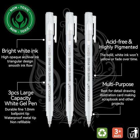White Gel Pens, 05/08/10mm Assorted Tip Opaque Archival Ink Pen for Journaling, Art, or Drawing - For Holiday Gifts & DIY Projects, White Gel Pens for Art Highlight, 3 Pack in Saudi Arabia