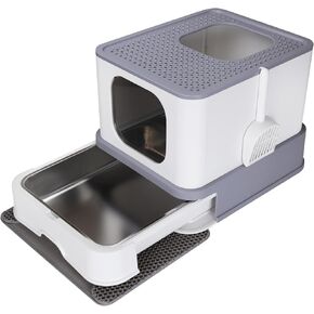 RIZZARI Enclosed Cat Litter Box with Lid, Large Foldable Litter Box with Litter Scoop, Top Entry Cat Toilet for Kittens and Big Cats (Light Gray,Stainless Steel, Large)