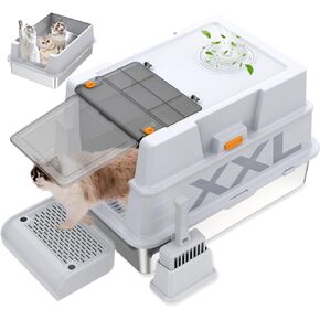 XXL Stainless Steel Litter Box with Lid,XXL Enclosed Metal Cat Litter Box for Big Cats,Multiple Cats,with Litter Scoop & Foot Pedal,Odor Control,Easy Cleaning