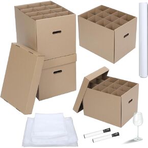 4 Pack Kitchen Moving Box and 72 Dish Glass Inserts 16 x 12 x 12" Wine Glass Moving Boxes with Handle Packing Kitchen Kit with Lid