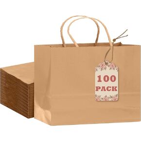 qiqee 100-Packs Brown Paper Gift Bags with Handles Bulk 13"×10.2"×4.7" Large Size Gift Bags Multiple Uses