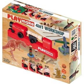 Playmake 4 in 1 Workshop Word-Safe-Safe-Safe | العالم الوحيد الصديق للطفل بانشورام العمل | يخترق الخشب الناعم مع عدم وجود خطر الإصابة | قاعدة آمنة لأي لوحة بناء | صنع في أوروبا |