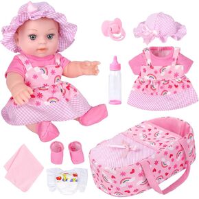 ZQDOLL 12 "دمى الطفل مع سرير السرير ، وموضوع قوس قزح تولد من جديد الطفل اللطيف على قيد الحياة ملابس الدمية والملحقات مجموعة من بنية زجاجة زجاجة هدية ديبر للأطفال الصغار الأطفال 3 وما فوق