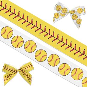 2 PCS Baseball Ribbons for Crafting, 4/5" Width Yellow Grosgrain Ribbons Sports Balls Ribbon Softball Craft Ribbons for Gift Wrapping DIY Sports Birthday Decorations