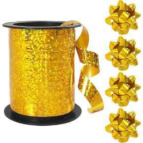 Blue Glitter Curling Ribbon,4PCS *2 Inch Bow and 3/8 Inch*10 Yards Curling Ribbon Metallic Balloon String for Gift Wrapping, DIY Crafting, Balloon Ribbon Sand Party Decoration