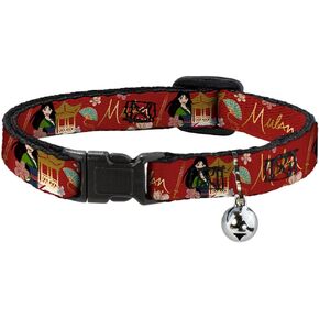 Buckle-Down Cat Collar Breakaway with Bell Mulan Gazebo Pose with Flowers and Script Red Golds 8.5 to 12 Inches 0.5 Inch Wide