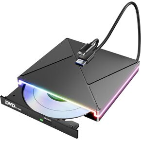 RGB DVD Player for Laptop, External CD Drive for Mac, USB 3.0 USB C Portable CD Burner External Disk Drive, DVD Reader Writer ROM Drive Compatible with Laptop Desktop Mac,Windows 11/10/8/7 Linux