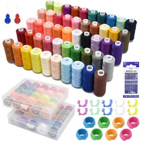 SHRJ 130pcs Sewing Thread kit, 50 Colors Sewing Machine Threads Prewound Bobbins with Bobbin Thread Buddies Storage Needles Assortment, 400 Yards per Spools Polyester Thread