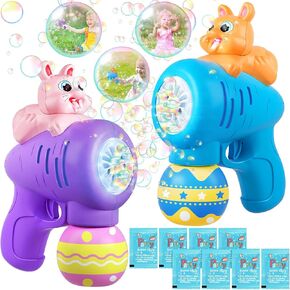 2 Pack Easter Bubble Gun Much for Childlers ، Staister Basket Stuffers for Kids Boys Girls ، Automatic Light Up blower with 4 bottles switch solution ، Bunny Bubble Toys for party form