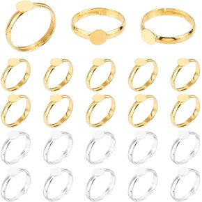 PH PandaHall Ring Blanks, 40pcs 17mm Adjustable Ring Base Blank with 6mm Flat Base Gold Silver Blank Finger Rings Cabochon Base Bezel for Ring Blanks Making Kit