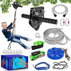 X XBEN Zip line Kit for Kids and Adults Outdoor: Up to 500Lbs - 80FT Quick Tighten Zipline for Backyard with Removable Trolley Swing Seat Spring Brake Ratchet Strap
