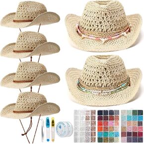Hercicy 6 مجموعة Coastal Cowgirl Hat Craft Diy مع طقم صنع الخرز صنع قبعة من القش على الشاطئ الخاصة بك للنساء حفلة البكالوريوس