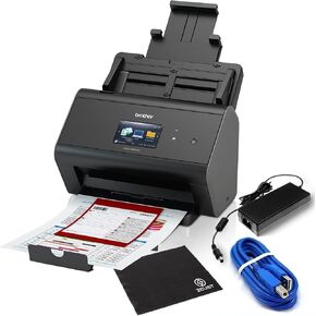 Brother Scanner ADS-2800W Bundle - High Volume Document Scanner with USB A/B Cable & Microfiber Cloth - Renewed - Professional Desk Scanner for Computers - Wireless High-Speed Connectivity (Renewed)