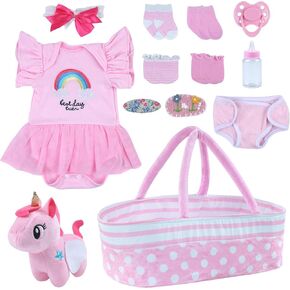 Babeside 13 PCS Rebond Baby Doll Cloths with Bassinet مقابل 17-22 بوصة دمى ، ملحقات ملابس Baby Dolls للملابس للطفل Baby Doll Boy (Pink)