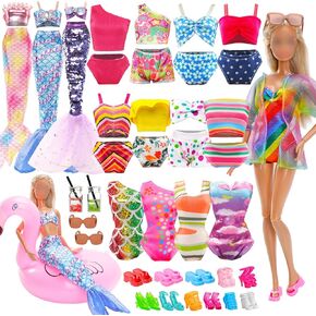 20 PCS DOLL COLLESTS SWEAT BEATH STETS ​​بما في ذلك 5 ملابس سباحة بيكيني ، معطف ، فستان حورية البحر ، 5 أحذية ، 3 نعال ، تعويم خاتم السباحة ، المشروبات وملحقات النظارات الشمسية لـ 11.5 بوصة فتاة فتاة