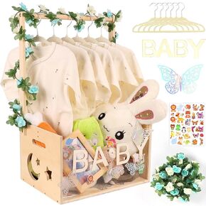 LifeIdeas Wooden Baby Shower Crate Closet, Baby Shower Basket Storage with Handle, Baby Crate Hamper, Shower Basket For Newborn Baby, Baby Shower Party Wooden Decor