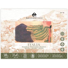 Magnani 1404 Italia Cold Press 100% Cotton Watercolor Paper Block, 20 Sheets, 12x16 inch, 140 lb, Acid-Free, UV Resistant, Vegan Sized Water Color Paper for Artists, Made in Italy
