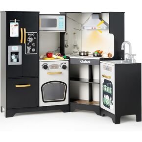 Wooden Corner Kitchen for Toddlers, Pretend Play Playset with Fake Food Toys, Real Lights & Sounds, Double-Door Fridge, Ice Maker & Cookware Accessories, Play Kitchen Set for Kids, Gift for Ages 3+