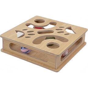 Interactive Wooden Cat Puzzle Toy Box with 4 Balls Interactive Cat Toy for Indoor Cats Indoor Hunting Play Toy Treat Puzzle Toys for Cats