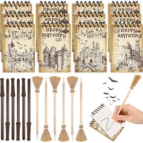 24 Pcs Magical Wizard Notepads Set Spiral Notebooks and Magic Wand Pencils Witch Broom Pencils Castle Magical Wizard School Mini Notepads Small Pocket Journal Goodie Bag Stuffers for Wizard School Classroom Party Favors Supplies