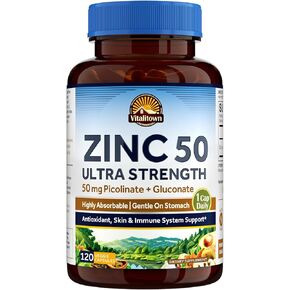 Vitalitown Zinc 50 mg, Zinc Picolinate, Zinc Gluconate, 60 Veggie Capsules, No Zinc Oxide, Well-Absorbed, Chelated Zinc Supplement, Immune System, Healthy Skin & Development, Vegan, NO Gluten, Non-GMO