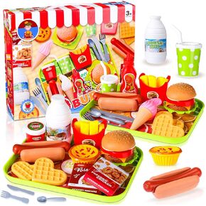 Zomiboo Pretend Play Food Toy Set for Kid Kitchen, Fake Food Plastic Burgers Sandwich Toys Pretend Playset Preschool Role Play Kitchen Restaurant Sets Christmas Birthday Gift for Girls Boys