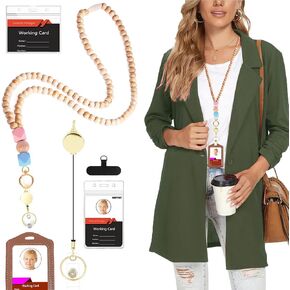 Cute Teacher Lanyards with Id Holder,Wood Beaded Retractable Lanyard with Id Holder for Keys,Badge Reel Holder