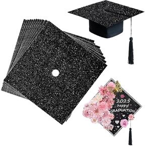 12 Sheets Black Glitter Cardstock DIY Grad Cap Decorations Glitter Construction Paper for Grad Caps with Double Sided Tape for Graduation Cap Decorations DIY Crafts Scrapbook Supplies, 9.8 x 9.8 Inch