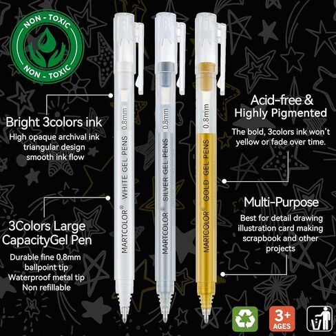 White Gel Pens, 05/08/10mm Assorted Tip Opaque Archival Ink Pen for Journaling, Art, or Drawing - For Holiday Gifts & DIY Projects, White Gel Pens for Art Highlight, 3 Pack in Kuwait