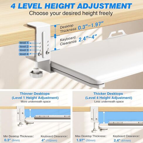 Rfiver Keyboard Tray Under Desk Pull Out with C Clamp Mount, 25.6 (30 Including Clamps) x 13 Inch Slide-Out Platform Computer Drawer Mouse for Typing, White in Saudi Arabia