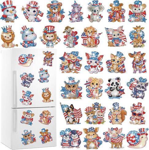 Xuhal 30 Pcs 4th of July Diamond Painting Magnets Patriotic Diamond Art Magnet Kits for Adults Memorial Day Red White Blue Animal 5D Rhinestone Refrigerator Magnetic Sticker for Fridge DIY Craft Gifts in Saudi Arabia