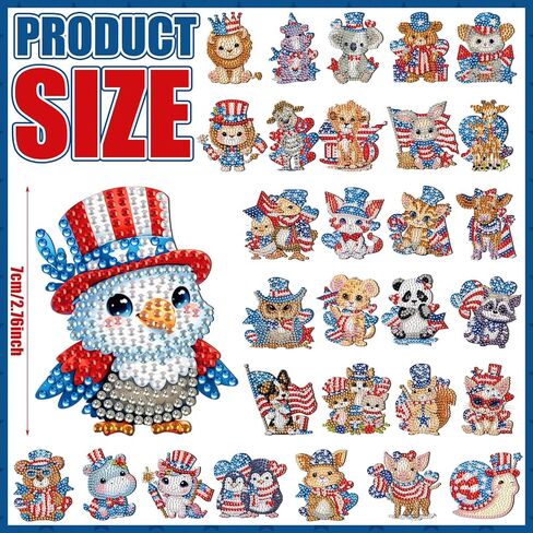 Xuhal 30 Pcs 4th of July Diamond Painting Magnets Patriotic Diamond Art Magnet Kits for Adults Memorial Day Red White Blue Animal 5D Rhinestone Refrigerator Magnetic Sticker for Fridge DIY Craft Gifts in Saudi Arabia