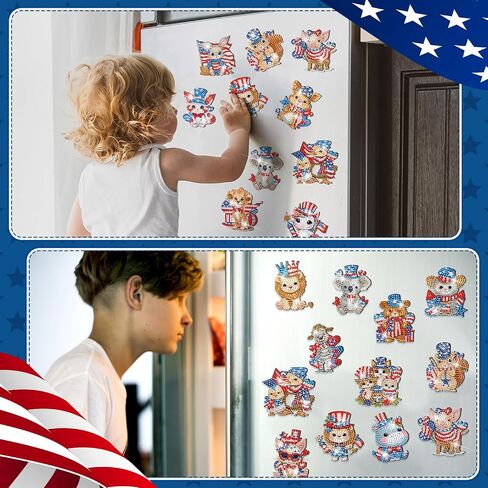 Xuhal 30 Pcs 4th of July Diamond Painting Magnets Patriotic Diamond Art Magnet Kits for Adults Memorial Day Red White Blue Animal 5D Rhinestone Refrigerator Magnetic Sticker for Fridge DIY Craft Gifts in Saudi Arabia