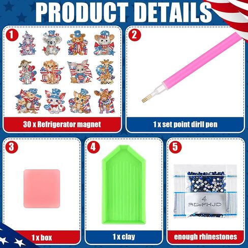 Xuhal 30 Pcs 4th of July Diamond Painting Magnets Patriotic Diamond Art Magnet Kits for Adults Memorial Day Red White Blue Animal 5D Rhinestone Refrigerator Magnetic Sticker for Fridge DIY Craft Gifts in Saudi Arabia