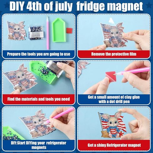 Xuhal 30 Pcs 4th of July Diamond Painting Magnets Patriotic Diamond Art Magnet Kits for Adults Memorial Day Red White Blue Animal 5D Rhinestone Refrigerator Magnetic Sticker for Fridge DIY Craft Gifts in Saudi Arabia