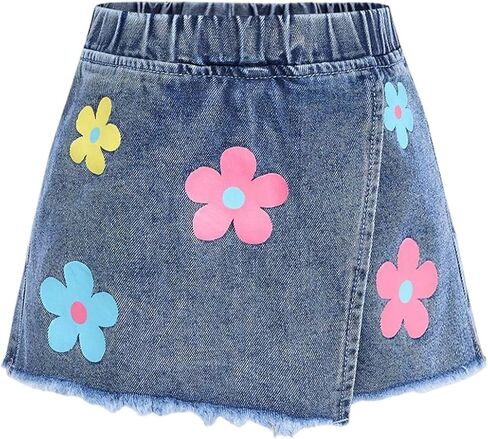 Floerns Toddler Girl's Floral Print Denim Skorts Elastic Waist Raw Hem Skirt Shorts in Kuwait
