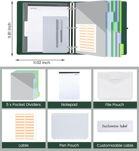 3 Ring Binder with Clipboard,2 Inch Binders with Notepad&5 Dividers with Pockets, Labels,PU Clipboards for School Office(Green Tulip,Letter Size) in Saudi Arabia