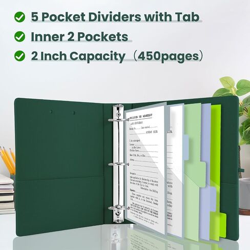 3 Ring Binder with Clipboard,2 Inch Binders with Notepad&5 Dividers with Pockets, Labels,PU Clipboards for School Office(Green Tulip,Letter Size) in Saudi Arabia