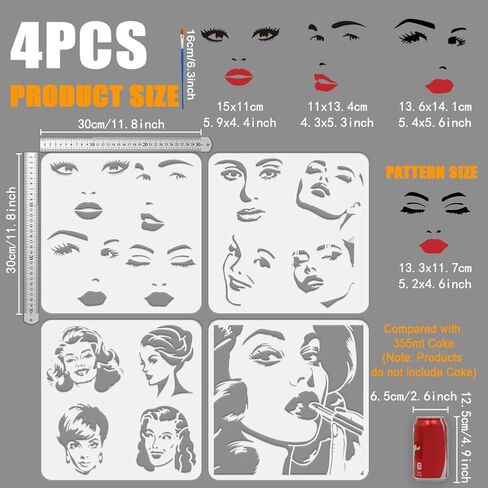 Fingerinspire 4 pcs الإناث الإناث مع فرشاة الطلاء 4 أنماط امرأة وجه الوجه التعبير عن الالستات 11.8x11.8inch الحواجب عيون stencil سيدة أنف الفم الفم in Kuwait
