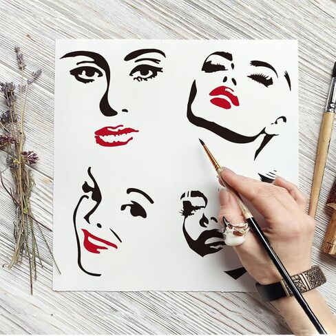 Fingerinspire 4 pcs الإناث الإناث مع فرشاة الطلاء 4 أنماط امرأة وجه الوجه التعبير عن الالستات 11.8x11.8inch الحواجب عيون stencil سيدة أنف الفم الفم in Kuwait