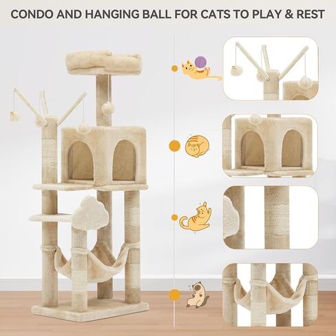 YITAHOME 44in Multi-Level Cat Tree for Indoor Kittens, Cat Furniture with Scratch Posts, Window Padded Plush Perch, Comfortable Hammock, and Interactive Pompoms, Beige in Saudi Arabia