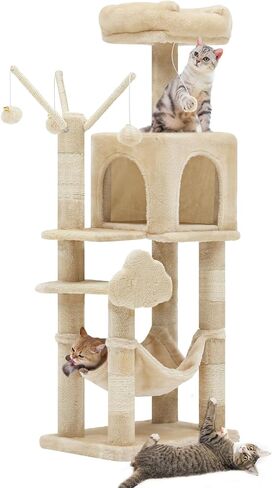 YITAHOME 44in Multi-Level Cat Tree for Indoor Kittens, Cat Furniture with Scratch Posts, Window Padded Plush Perch, Comfortable Hammock, and Interactive Pompoms, Beige in Saudi Arabia