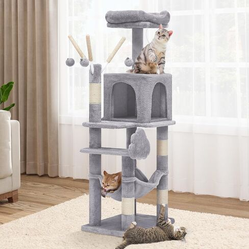 YITAHOME 44in Multi-Level Cat Tree for Indoor Kittens, Cat Furniture with Scratch Posts, Window Padded Plush Perch, Comfortable Hammock, and Interactive Pompoms, Beige in Saudi Arabia