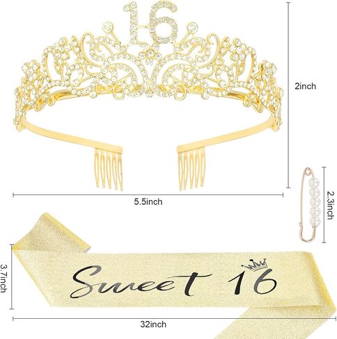 Semato Sweet 16 Party Decorations Set - Gold 16th Birthday Crown and Sweet 16 Sash Glitter Kit for Girls Birthday Happy Birthday Girl Tiara Birthday Party Supplies and Favors in Saudi Arabia