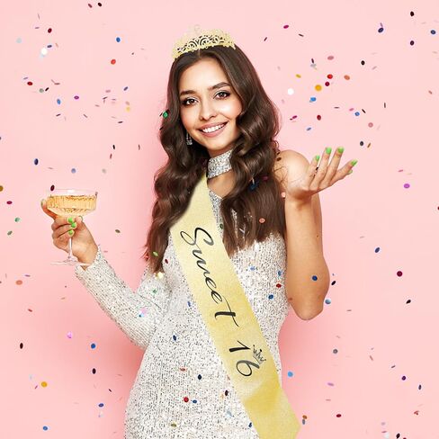 Semato Sweet 16 Party Decorations Set - Gold 16th Birthday Crown and Sweet 16 Sash Glitter Kit for Girls Birthday Happy Birthday Girl Tiara Birthday Party Supplies and Favors in Saudi Arabia