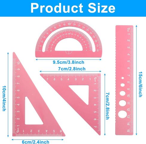 4 Pcs Triangular Scale Ruler Set, Aluminum Alloy Triangular Ruler Set, Metal Drafting Ruler for Students, Draftsman (Pink) in Kuwait