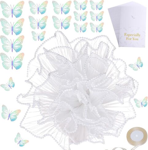 baotongle Flower Wrapping Bouquet Mesh Paper with 24PCS 3D Butterfly Decor 10pcs Blank Gift Cards Satin Ribbon for Wedding DIY Valentine Mother's Day Birthday Party (White) in Saudi Arabia