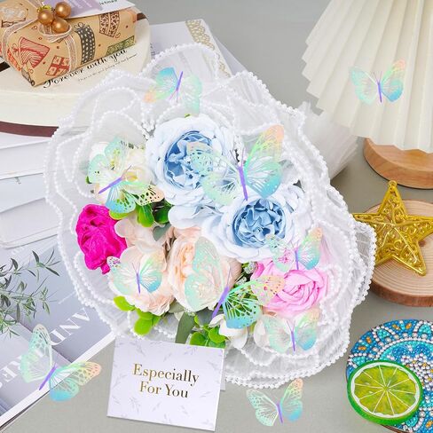 baotongle Flower Wrapping Bouquet Mesh Paper with 24PCS 3D Butterfly Decor 10pcs Blank Gift Cards Satin Ribbon for Wedding DIY Valentine Mother's Day Birthday Party (White) in Saudi Arabia